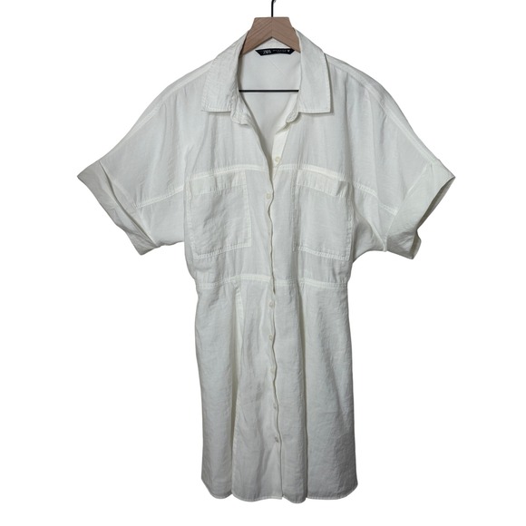 ZARA White Shirt Dress Button Front Elastic Waist Short Sleeve XL Casual Minimal - Picture 2 of 8